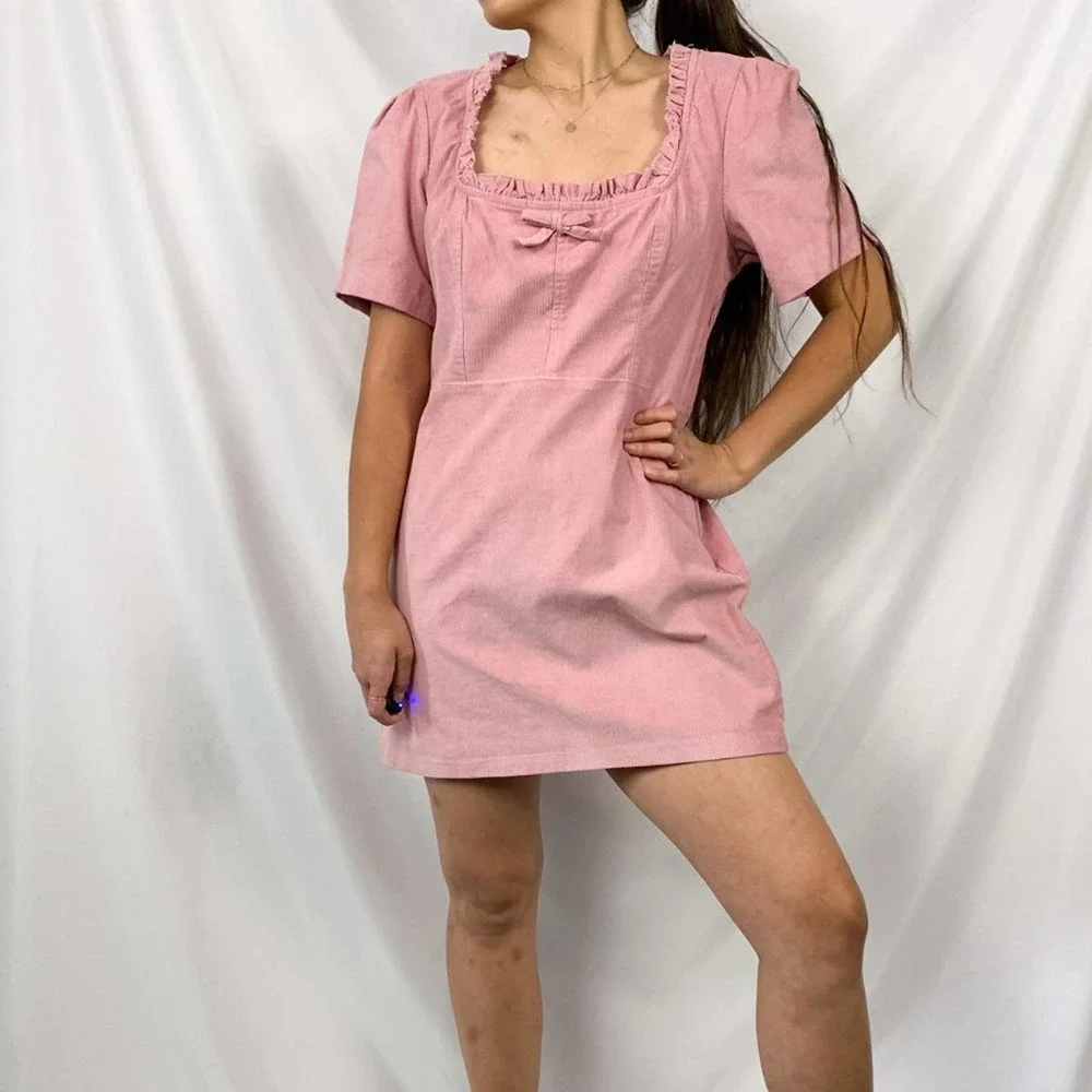 NWT Urban Outfitters Pink Claudia Corduroy Square Neck Mini Dress Size Large - Picture 1 of 12